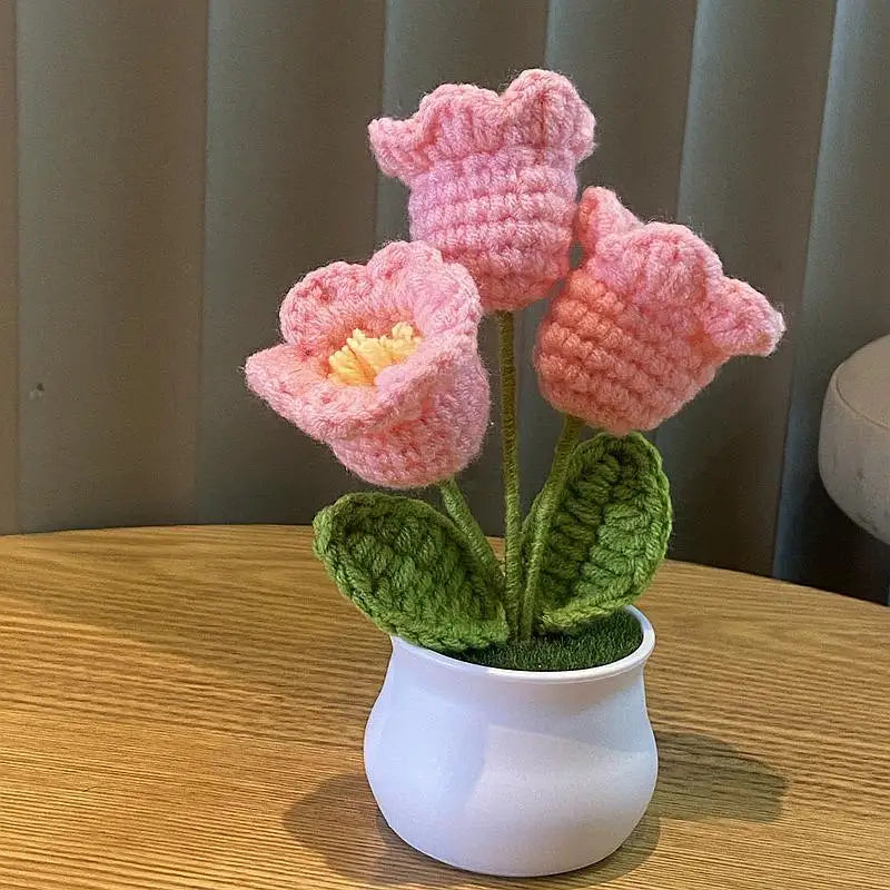 1/2/4Pcs DIY Handwoven Mini Potted Flower Rose Office Desktop Ornamental Potted Plants Woolen Thread Finished Product Home Decor