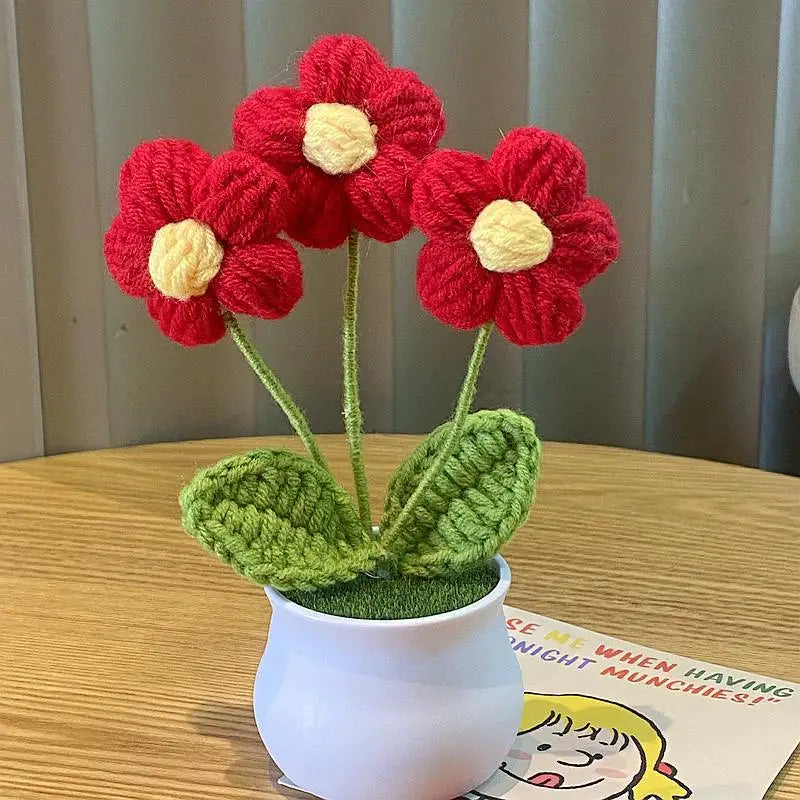 1/2/4Pcs DIY Handwoven Mini Potted Flower Rose Office Desktop Ornamental Potted Plants Woolen Thread Finished Product Home Decor