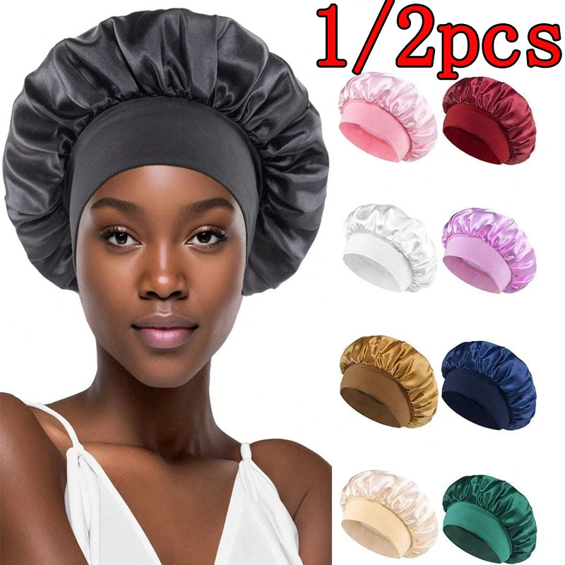 1/2pc Satin Wide Brim Nightcap Silky Bonnet Hair Wrap Sleeping Sleep Cap With Elastic Soft Band Styling Cap Hair Wrapping Tool