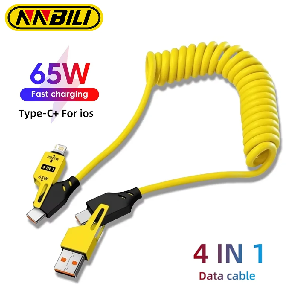 NNBILI 4 in 1 65W Spring Short Data Cable 6A USB Type C Spring Telescopic Quick Charger Wire Spring Cord for iPhone 15 14 13 11