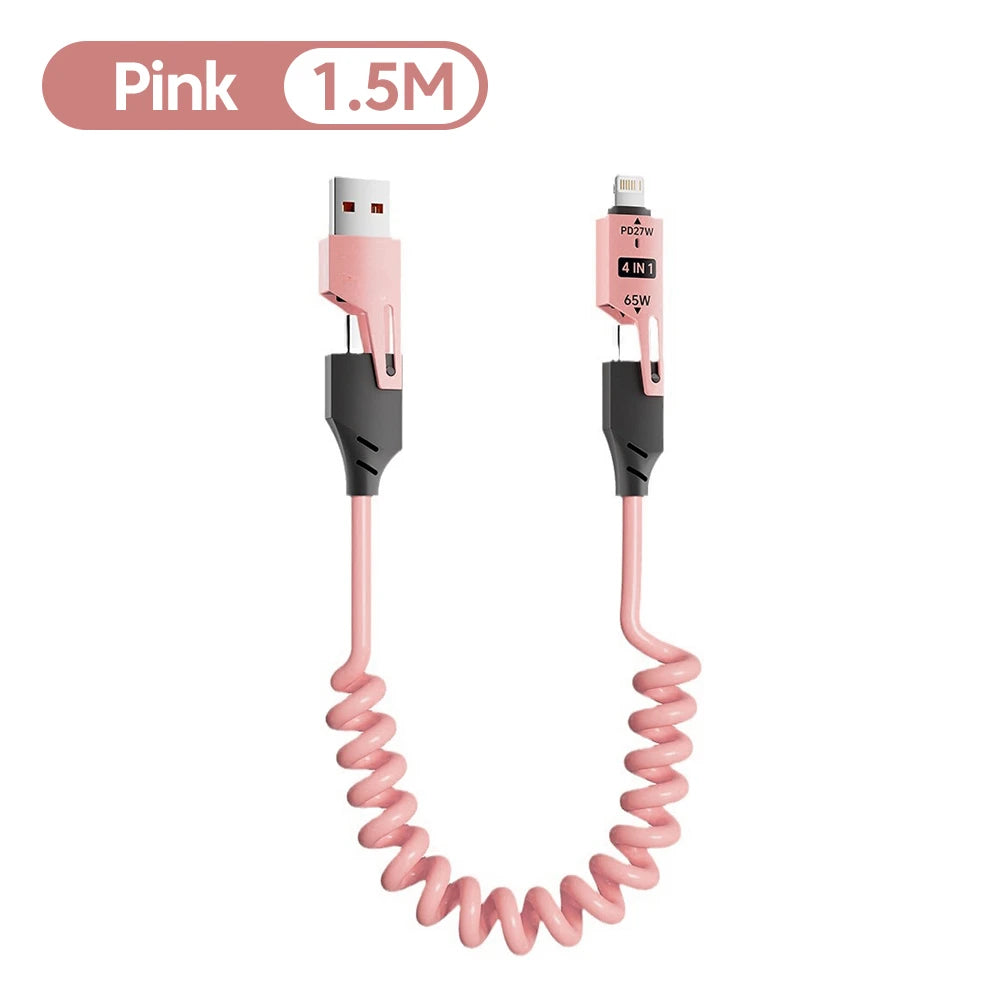 NNBILI 4 in 1 65W Spring Short Data Cable 6A USB Type C Spring Telescopic Quick Charger Wire Spring Cord for iPhone 15 14 13 11