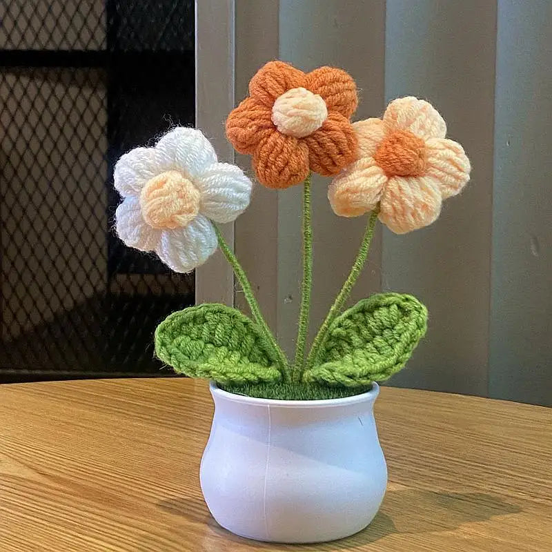1/2/4Pcs DIY Handwoven Mini Potted Flower Rose Office Desktop Ornamental Potted Plants Woolen Thread Finished Product Home Decor