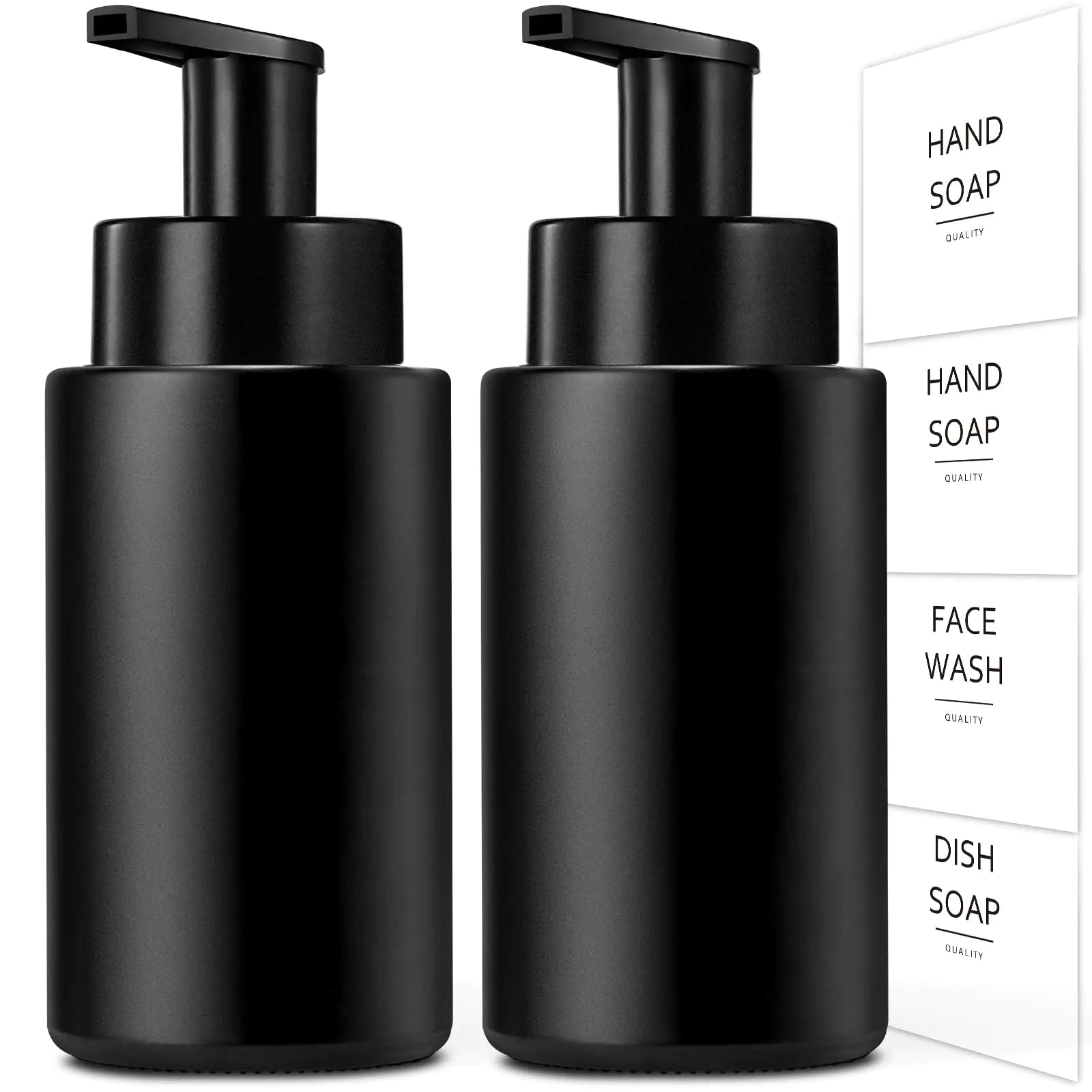 RYTOXILO Matte Black Foaming Hand Soap Dispenser 10 oz/350ml Glass Foam Soap Dispenser 2 Pcs Foaming Soap Dispenser for Bathroom Black Refillable Foaming Soap Dispenser Pump with Waterproof Labels