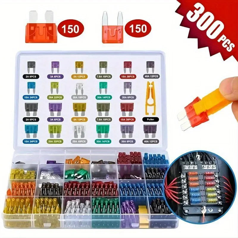 300pcs Car Fuses Assortment Kit, Blade-Type Automotive Fuses Standard & Mini Size Replacement Fuses for Car/RV/Truck/Motorcycle