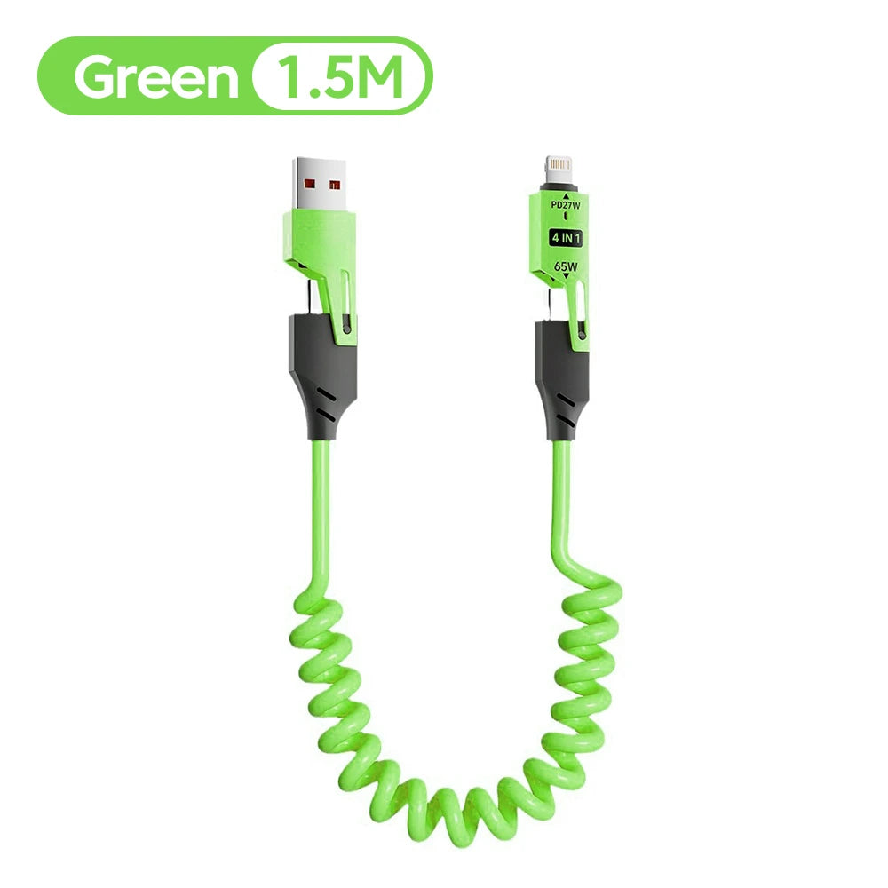 NNBILI 4 in 1 65W Spring Short Data Cable 6A USB Type C Spring Telescopic Quick Charger Wire Spring Cord for iPhone 15 14 13 11