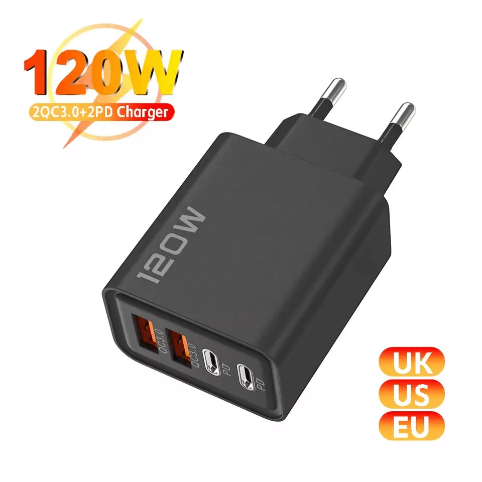 USB PD Charger 120W Type C Fast Charging EU/US Plug Wall Charger For iPhone Samsung Xiaomi Quick Charge 3.0 Mobile Phone Adapter