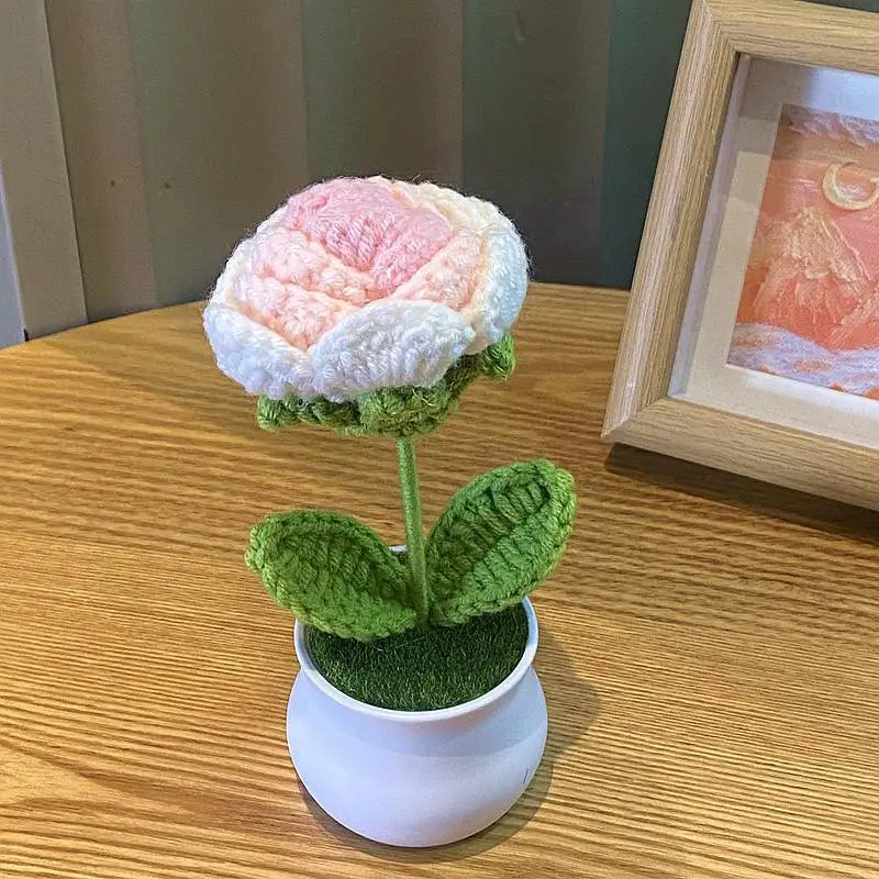 1/2/4Pcs DIY Handwoven Mini Potted Flower Rose Office Desktop Ornamental Potted Plants Woolen Thread Finished Product Home Decor