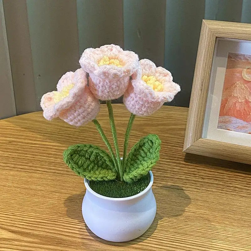 1/2/4Pcs DIY Handwoven Mini Potted Flower Rose Office Desktop Ornamental Potted Plants Woolen Thread Finished Product Home Decor