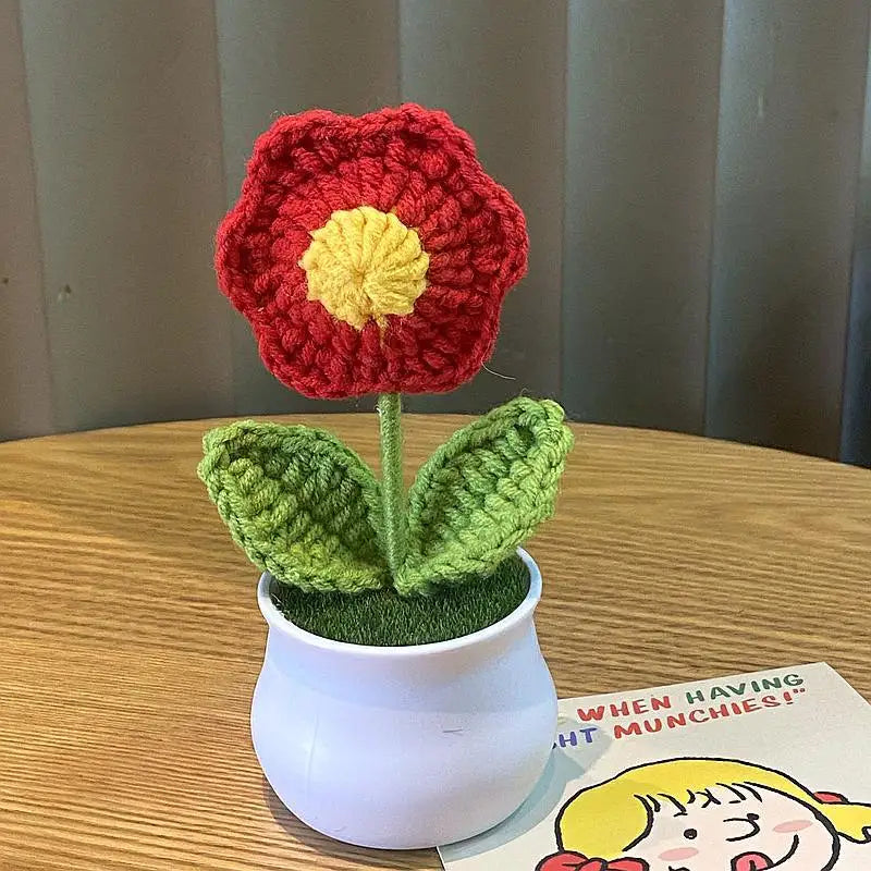 1/2/4Pcs DIY Handwoven Mini Potted Flower Rose Office Desktop Ornamental Potted Plants Woolen Thread Finished Product Home Decor