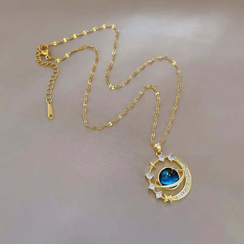Exquisite Starry Sky Planet Light Luxurious Temperament Gorgeous Necklace Star and Moon Versatile Stainless Steel Clavicle Chain