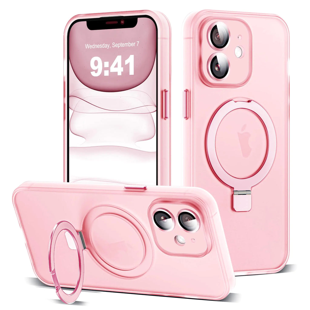 for iPhone 11 Case with Magnetic Invisible Ring Stand [Full Camera Lens Protection] [Compatible with Mag-Safe] Military-Grade Drop Matte Translucent Slim Phone Cases for iPhone 11 6.1", Pink
